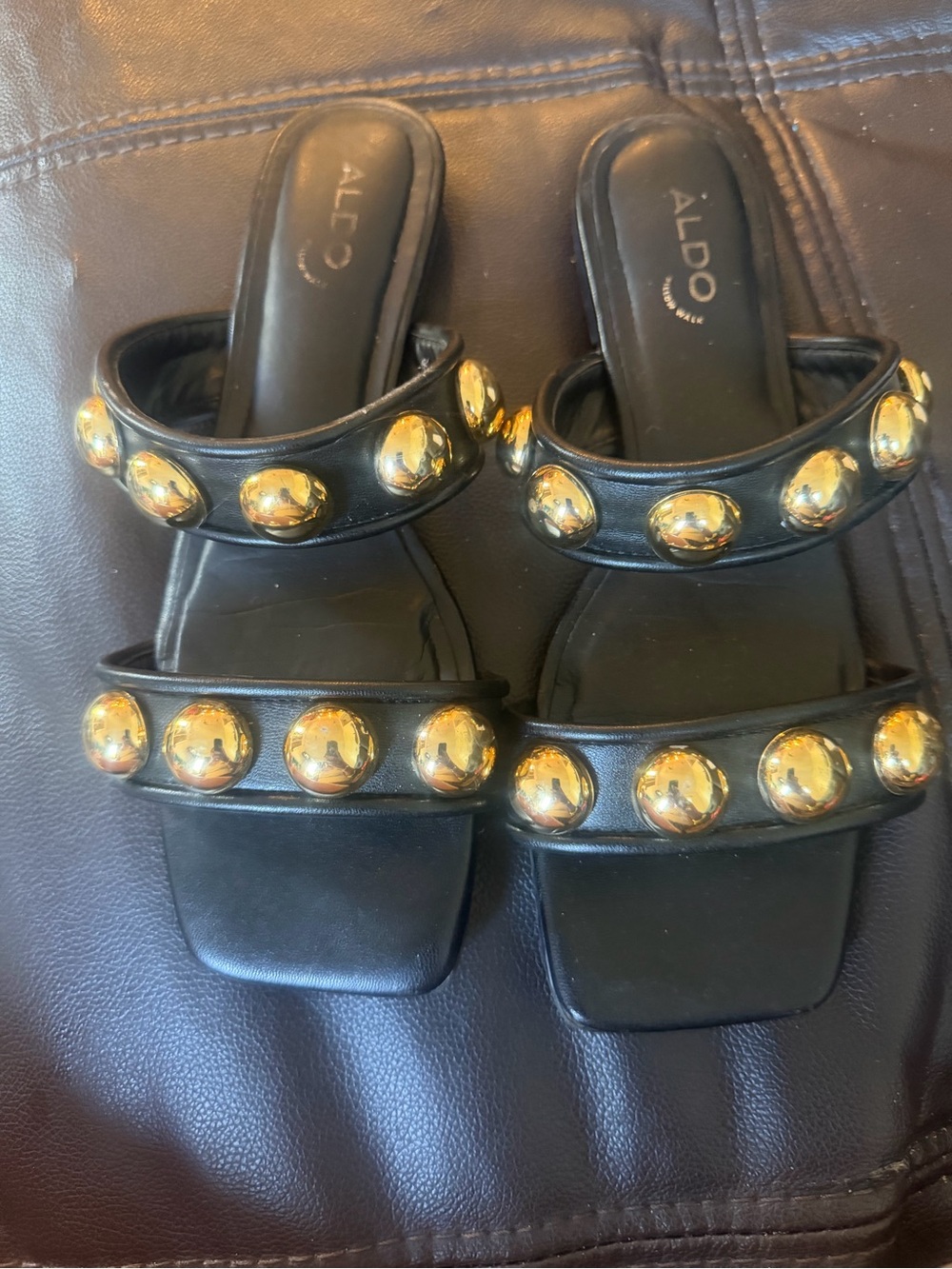 ALDO Black Slide Mules with Gold Dome Studs